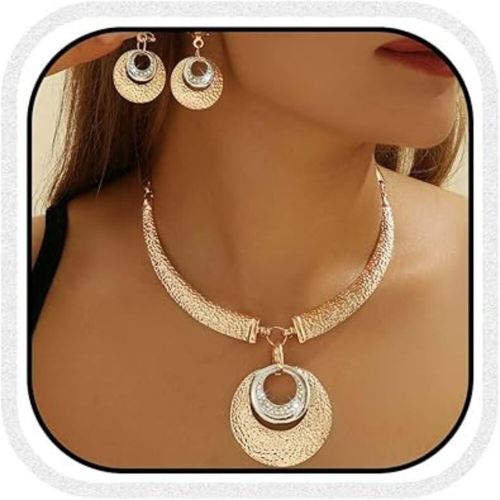 Gold Chunky Necklace and Earring Set Punk Boho Statement Jewelry‎ Elegant